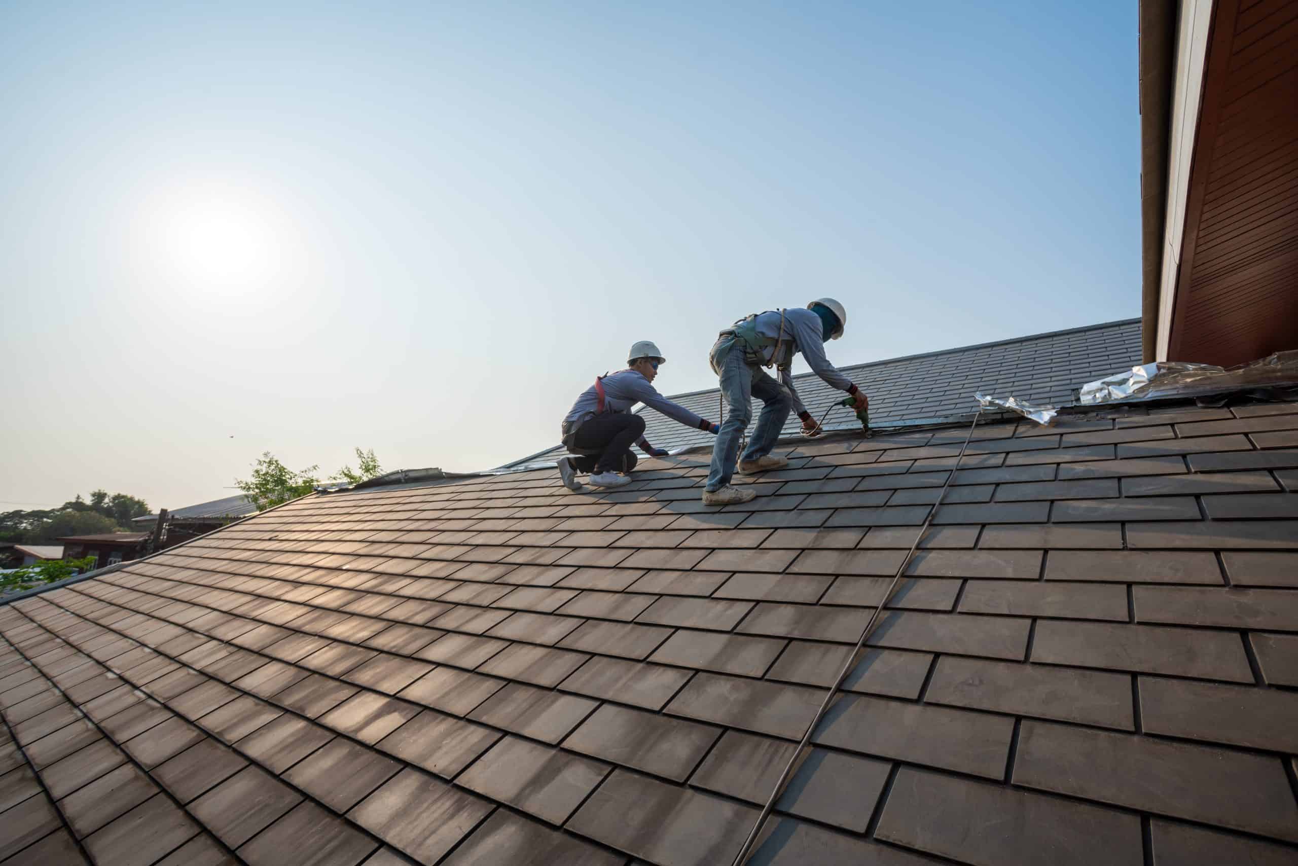 Two workers, equipped with safety harnesses and helmets, are skillfully installing or repairing a shingled roof. Under the clear sky and warm sunlight, one kneels while the other stands beside him, possibly planning for seamless gutter installation to ensure water flows smoothly.
